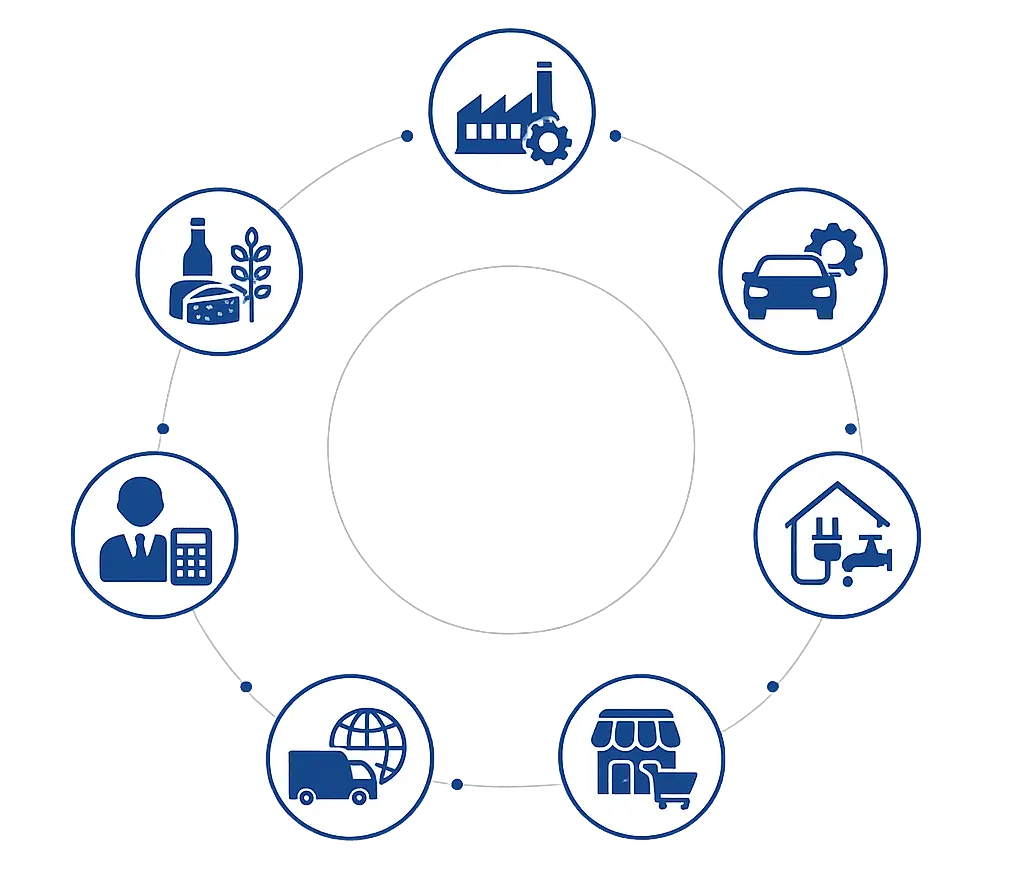 Icone settori Aziende ERP Milano partner Passepartout disposte a cerchio