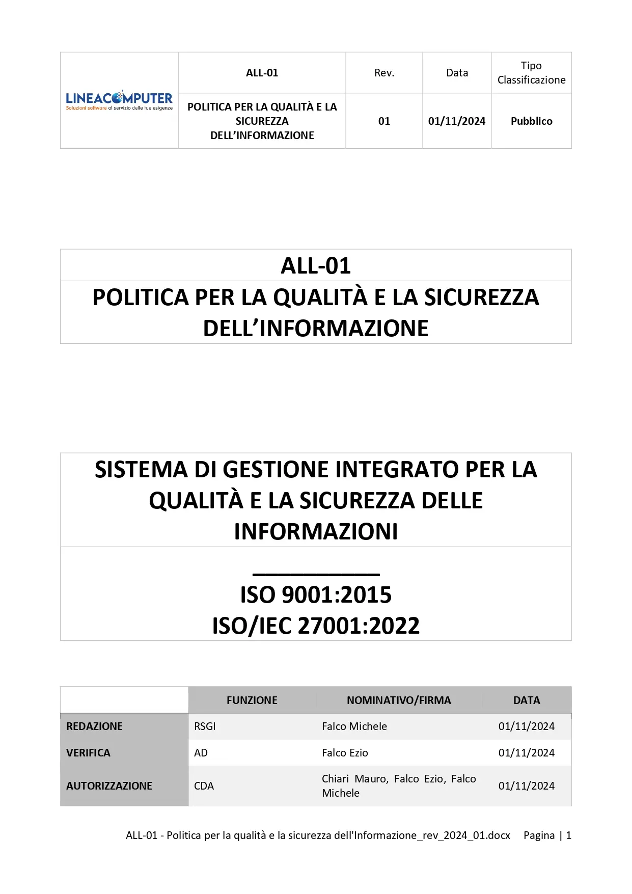scarica la politica della qualità e della sicurezza delle informazioni di Lineacomputer